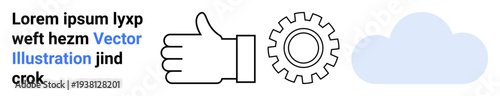 Technology, cooperation, cloud computing, innovation, workflow, components. Thumbs up, gear and cloud icons with placeholder text. Technology and cloud computing concept