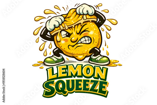 Cartoon lemon character squeezing itself, "Lemon Squeeze" text