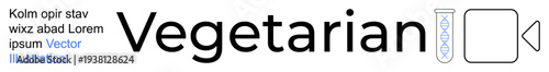 Diet trends, healthy lifestyle, food preferences, plant-based eating, modern design, and clean visuals. Vegetarian text alongside laboratory tube and camera icons. Diet trends and healthy lifestyle