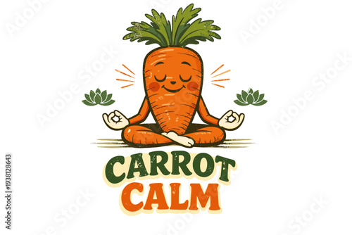 Cartoon carrot meditating in lotus pose with floral accents