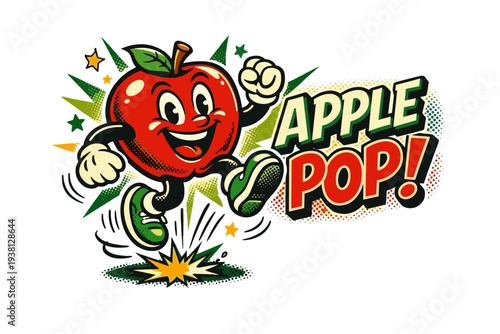 Retro apple mascot character with "Apple Pop!" text, pop art style