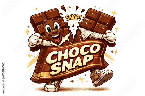 Vintage chocolate bar mascot snapping in half with "Choco Snap" text