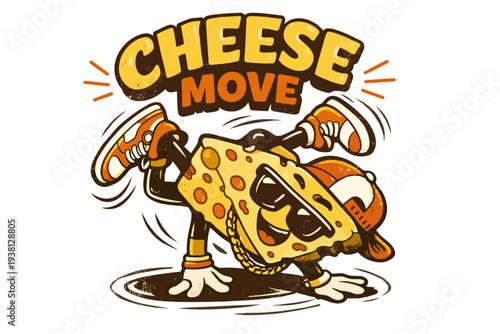 Retro cheese slice breakdancing with hip hop style and text