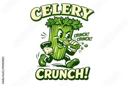 Retro celery stick character eating celery, vintage cartoon style