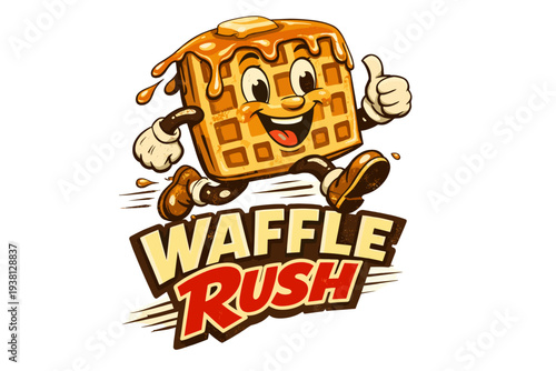 Vintage waffle character running with syrup and butter, thumbs up