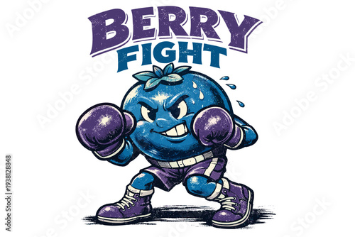 Retro blueberry boxer in fight stance with "Berry Fight" text