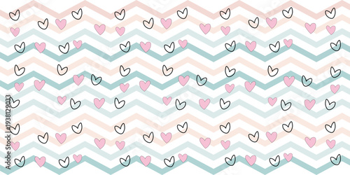 A colorful and playful pattern of hearts and chevrons in pastel shades of pink, blue, and white.
