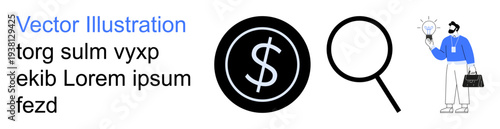 Data research, business analytics, innovation, money management, problem-solving, financial planning. Dollar sign and magnifying glass alongside person holding ideas. Analytics and innovation