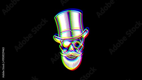 Animated gentleman skull wearing a top hat and monocle with a beard and mustache, featuring a vibrant digital glitch effect and RGB color shifts on a black background.