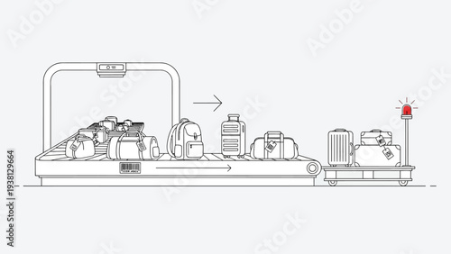 Airport baggage security screening system with luggage on conveyor belt.