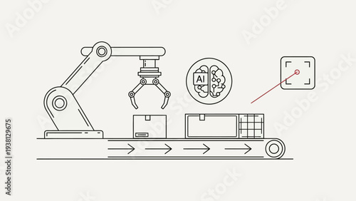 Robotic arm and AI in manufacturing on a conveyor belt.