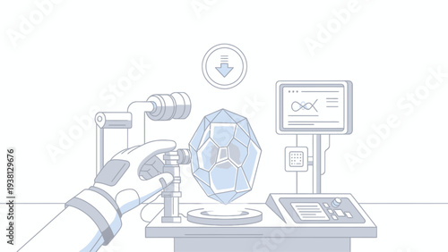 Futuristic laboratory experiment with glowing crystal and robotic arm.