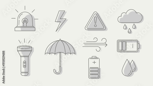 Icons representing emergency preparedness and weather warnings.