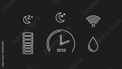 Icons representing sleep, time, wifi, and other elements on a dark background.
