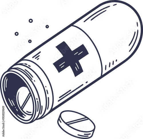 Illustration of a medicine bottle with a pill beside it depicting healthcare or pharmacy Vector