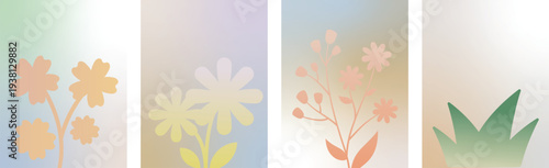 A colorful illustration of four flower panels with pastel gradients and soft petals on a white background

