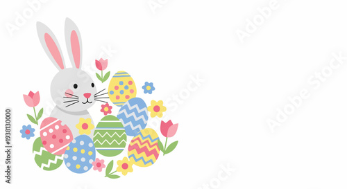 Whiskered Bunny with Colorful Easter Eggs and Tulips