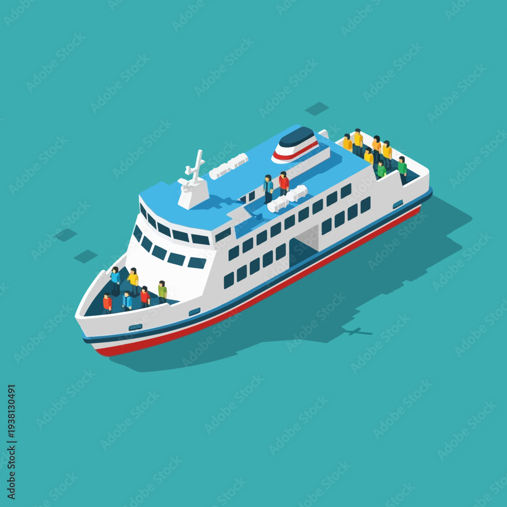 Fototapeta premium Isometric illustration of a white ferry boat with passengers on a blue background.