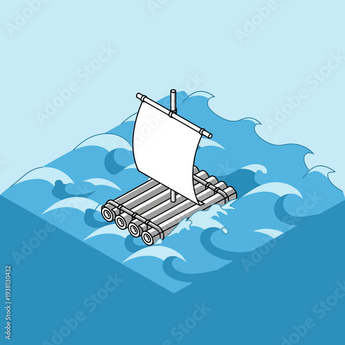 Simple wooden raft sailing on ocean waves with white sail.