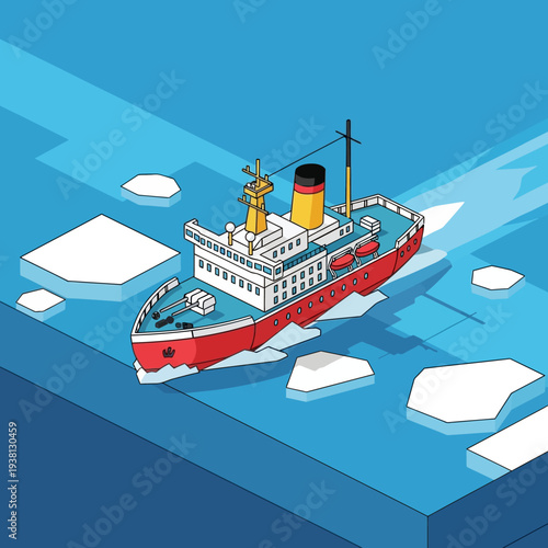 Red Cruise Ship Sailing Through Iceberg Filled Ocean Waters.