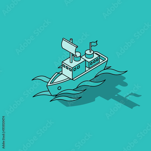 Isometric illustration of a boat on calm waters with a subtle shadow effect.