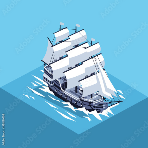 Isometric illustration of a sailing ship on the ocean.