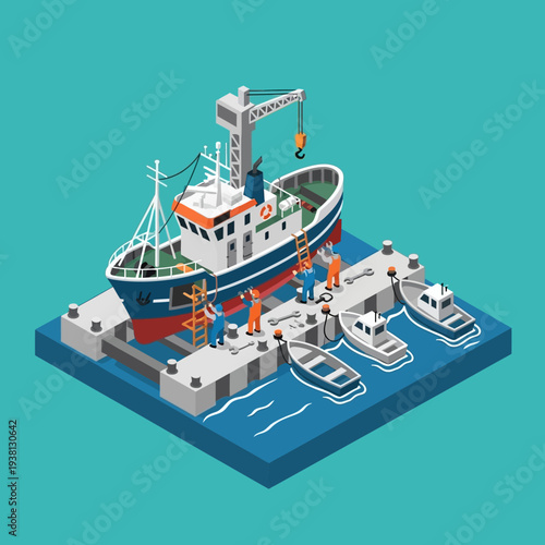 Isometric illustration of a fishing boat at a dock with smaller boats.