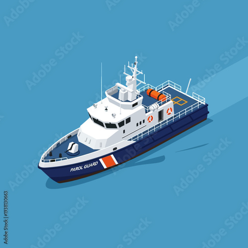 Isometric Coast Guard Rescue Boat on Blue Water.