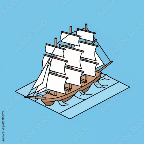 Vintage sailing ship with white sails on calm waters.