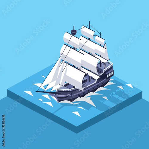 Isometric illustration of a sailing ship in icy waters.