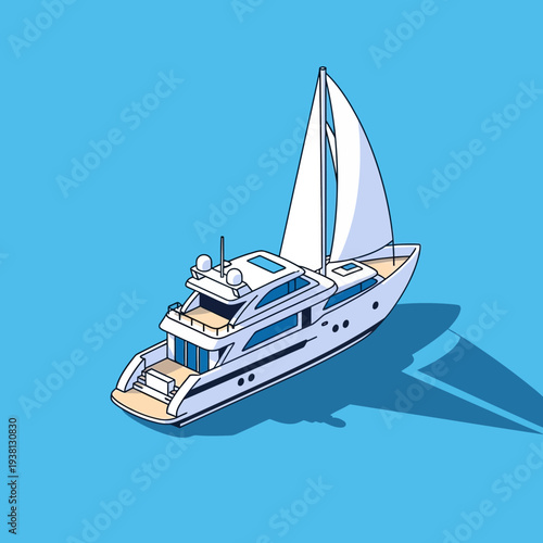 Luxury Yacht with Sails on Calm Sea.