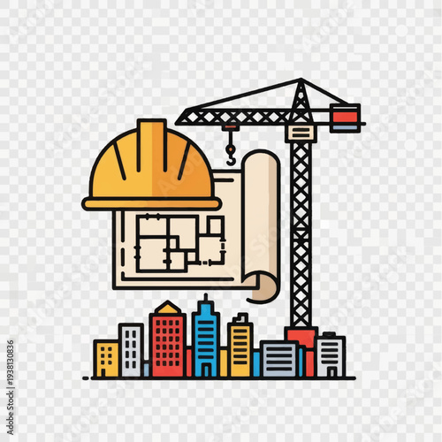 Wallpaper Mural Construction Site with Crane and Buildings Illustration. Torontodigital.ca