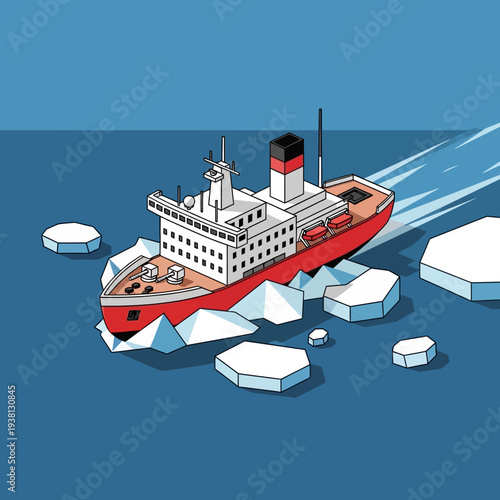 Red Icebreaker Ship Navigating Through Arctic Iceberg Field.