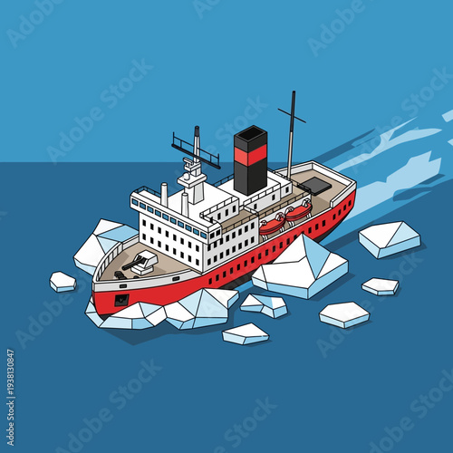 Red and white research vessel navigating through icy waters.