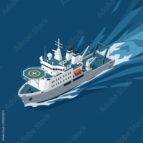 Vector illustration of a large gray research vessel sailing on blue water.