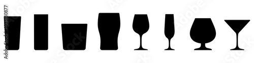Set of black silhouettes of glasses in various shapes for a bar menu. Minimalist vector illustration representing glassware for alcoholic and non-alcoholic drinks.