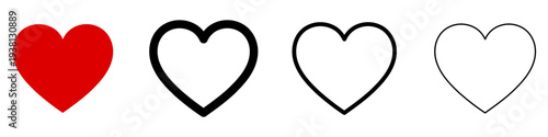 Set of heart icons in different graphic styles: solid red, bold black outline, medium outline, and thin line. Minimalist vector illustration.
