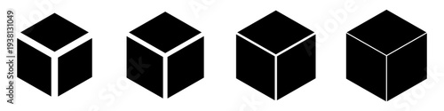 A set of black isometric cube icons with different separation line widths. Minimalist geometric objects for logistics or design.