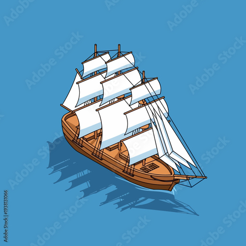 Vintage sailing ship with white sails on blue background.