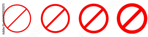 A set of red linear prohibition icons or crossed-out circle with various stroke weights. Minimalist warning signs or restricted access symbols.