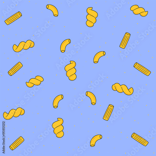 Seamless pasta pattern featuring different types of macaroni, fusilli and rigatoni in cartoon style, isolated on transparent background. Bright yellow pasta elements arranged in a repeating layout.