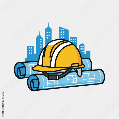 Wallpaper Mural Yellow Hard Hat on Blueprints. Torontodigital.ca