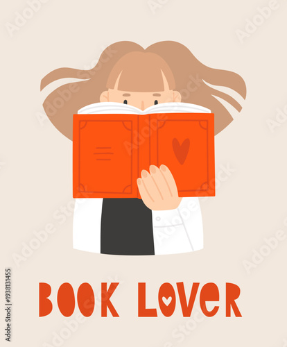 Girl reading a red book. Cute vector illustration in flat style isolated on beige background. Young woman reads romance novel. Book lover. Template for greeting card in cartoon style