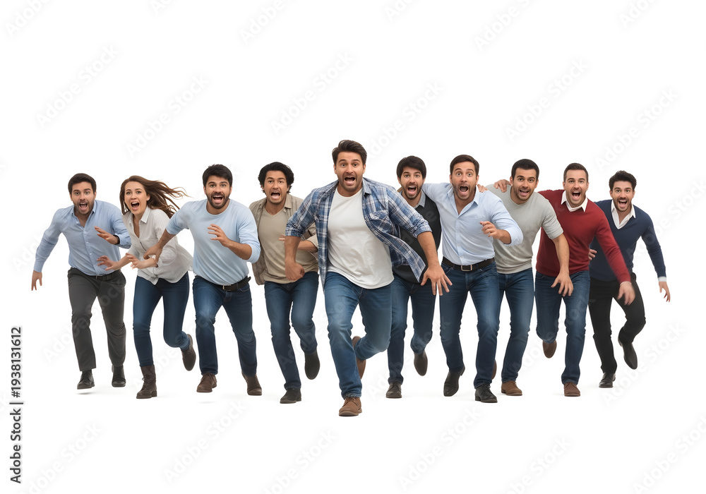 Fototapeta premium Diverse group of young adults running together in casual business wear on white background, teamwork and collaboration concept.