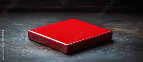 Red square sample on dark surface. Product photography