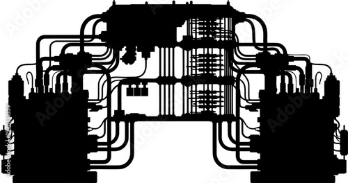 Complex industrial machinery and pipe system silhouette