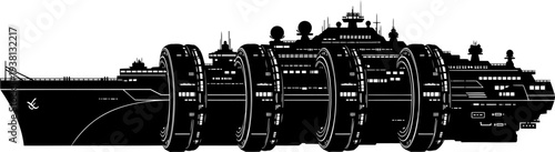 Large interstellar cruiser spaceship silhouette with ring propulsion