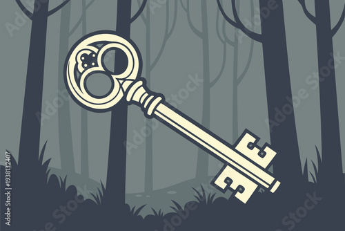 Vintage key in mysterious forest atmosphere