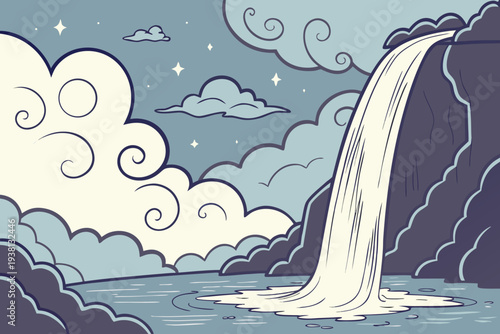 Majestic waterfall cascading into serene lake under starry night sky