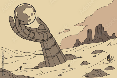 Robot hand holding moon in desert landscape with rocky terrain